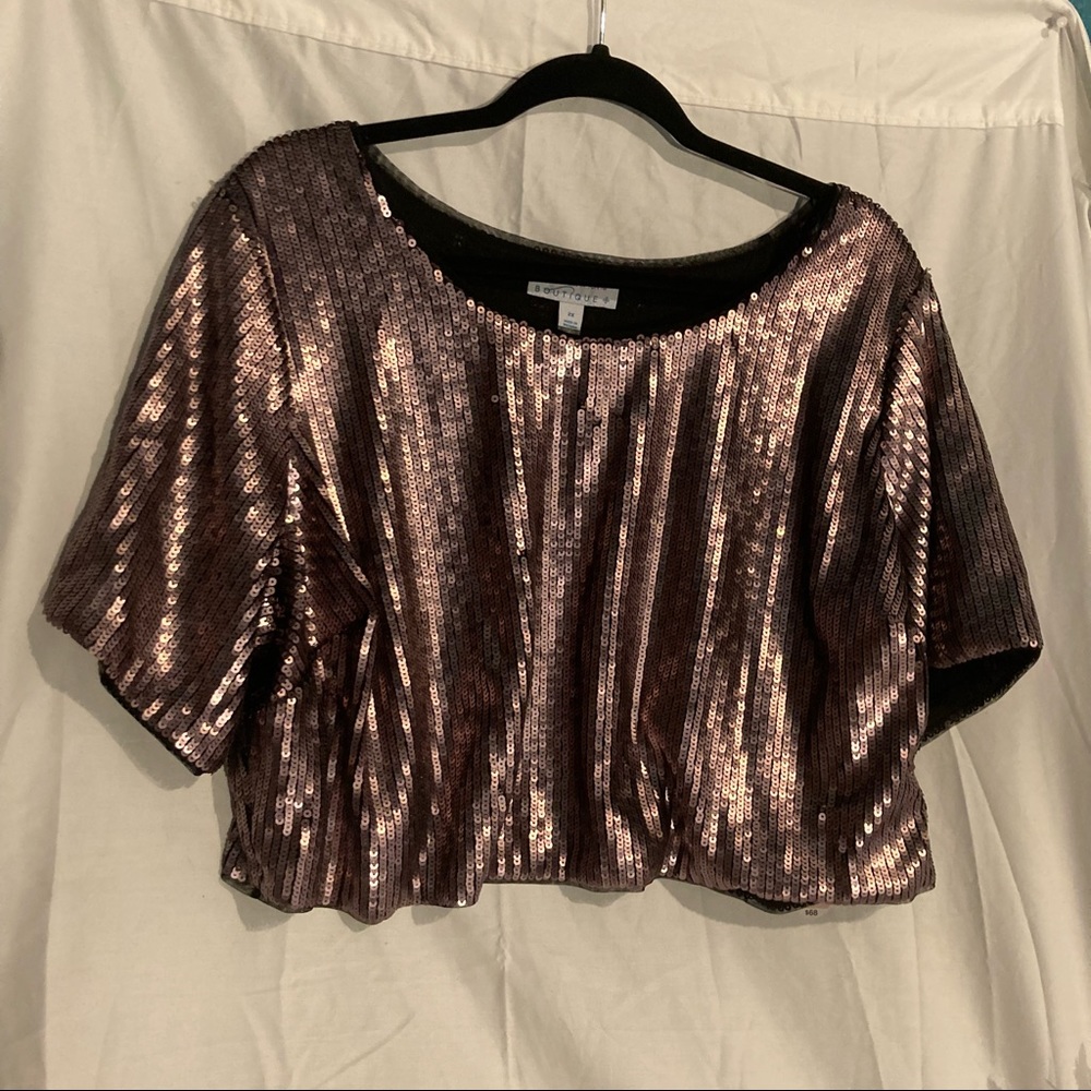Rose Gold Sequin Short Sleeved Boxy Crop Top